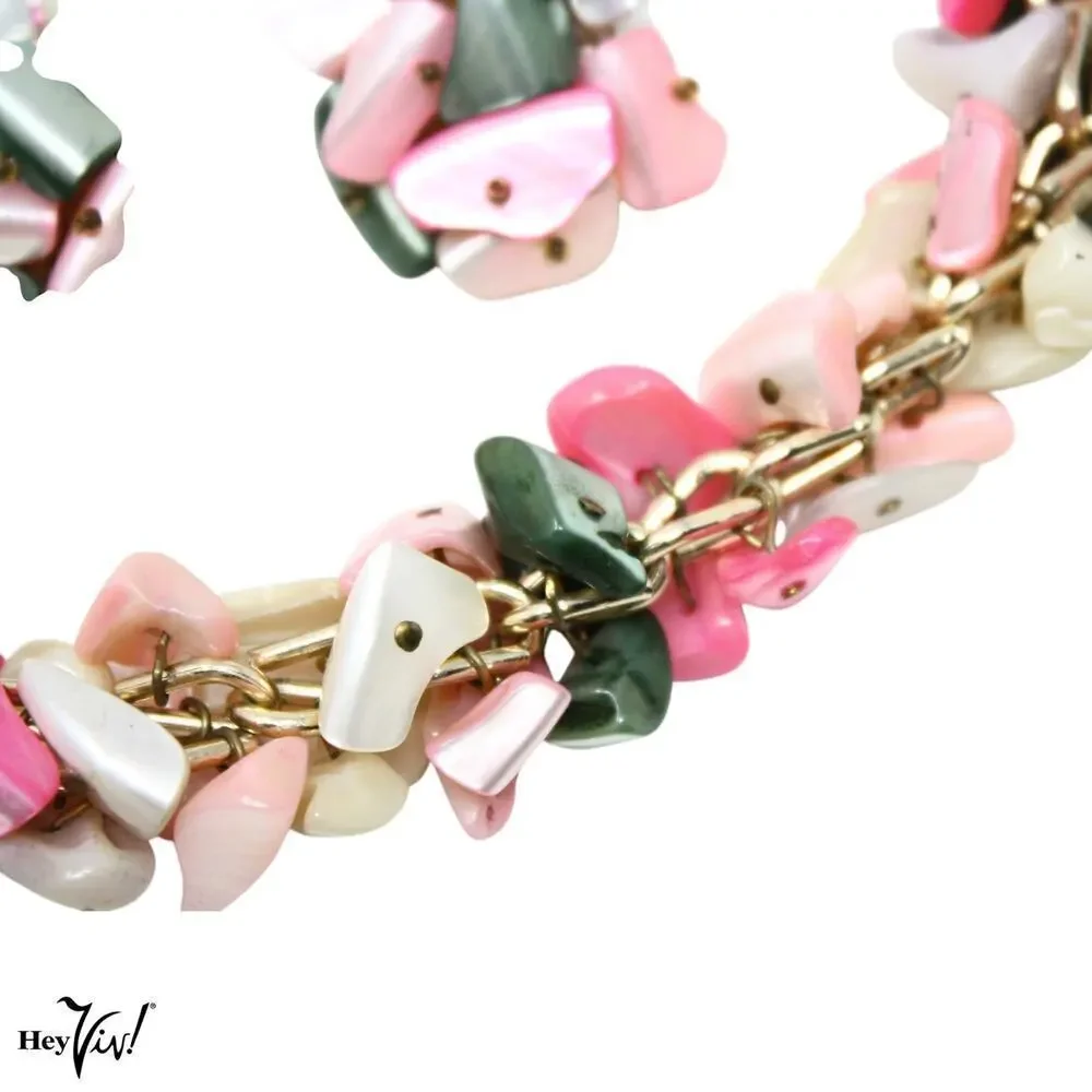 Vintage Chunky Shell Bracelet Clip On Earring Set Pink Shiny Beachy - Hey Viv
